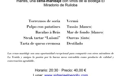 [18/04/2023] Cena-maridaje con vinos de la Bodega El  Miradorio de Ruiloba